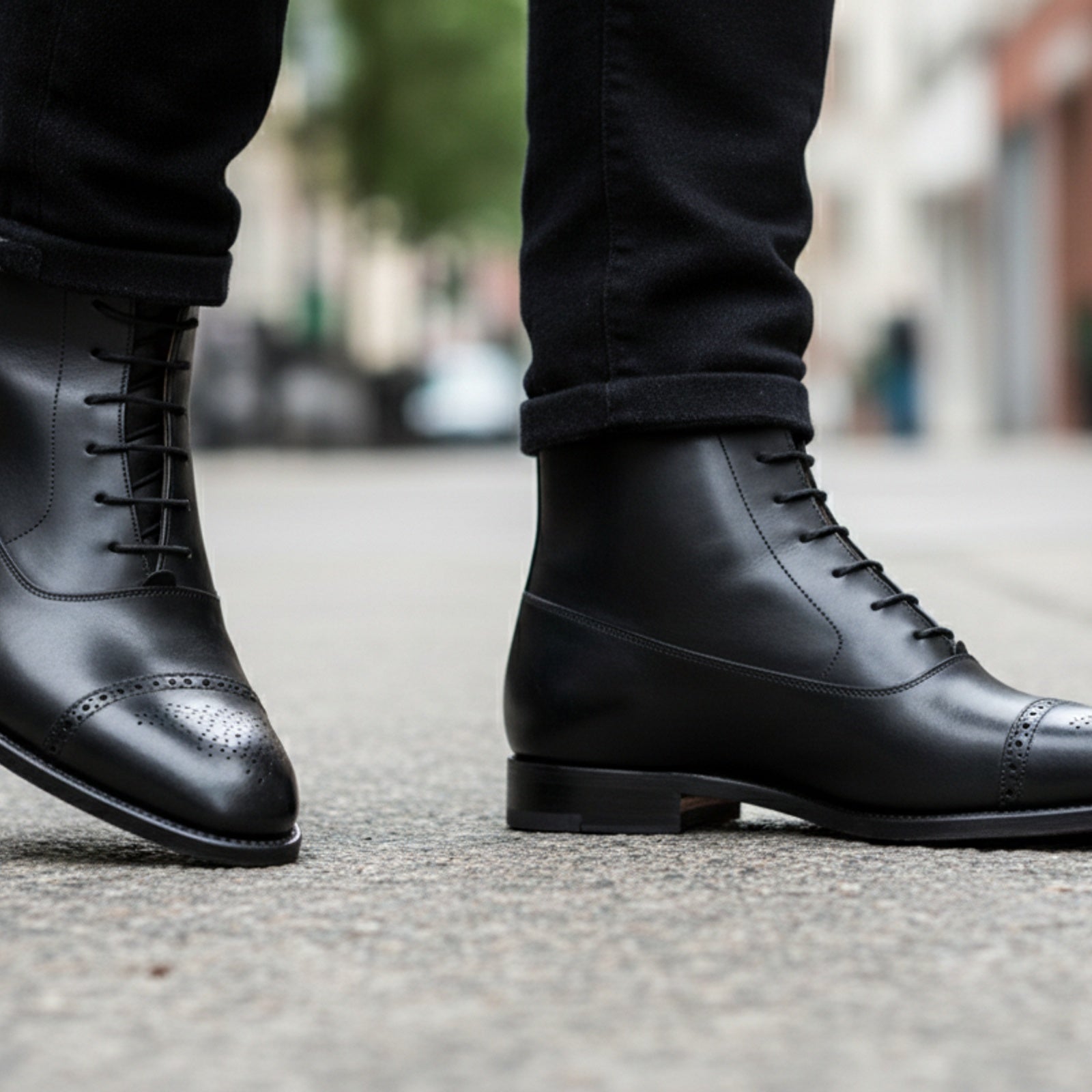 Men's Black Leather Brogue Dress Boots - model-walking-street