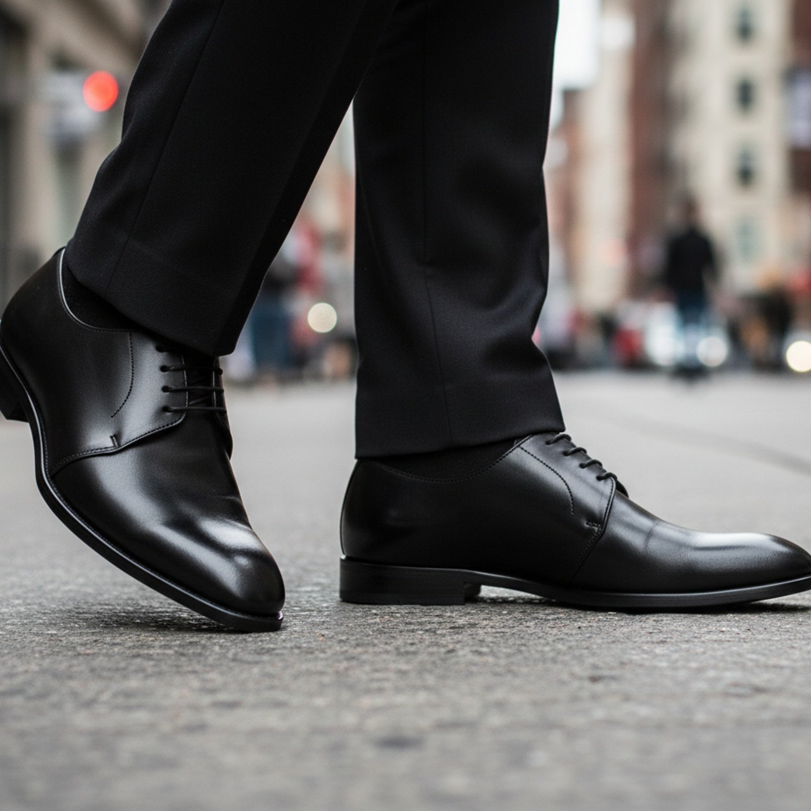 Men's Black Leather Lace-up Dress Shoes - model-walking-street