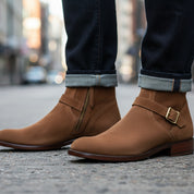 Men's Brown Suede Ankle Boots - model-walking-street