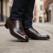 Men's Dark Brown Leather Oxford Dress Shoes - model-walking-street