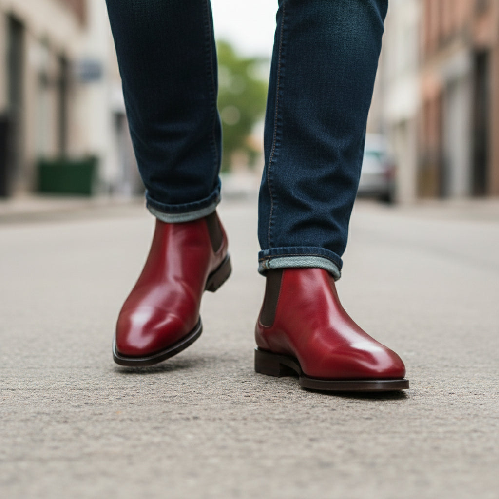 Men's Red Leather Chelsea Boots - model-walking-street