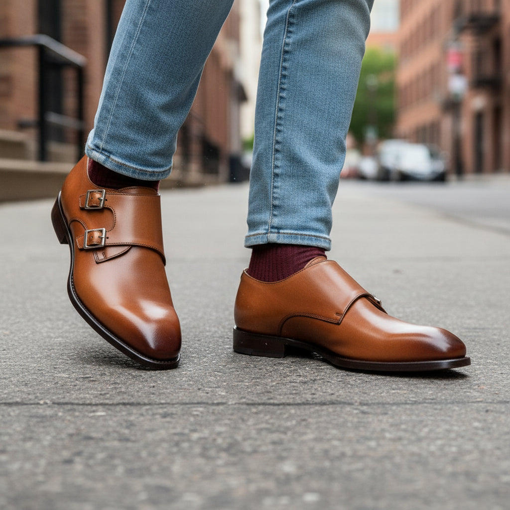 Men's Tan Brown Leather Double Monk Chukka Boots - model-walking-street