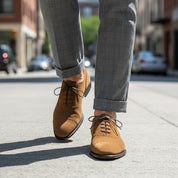 Handmade Mens Beige Color Suede Brogue Dress Shoes, Men Oxford Formal Shoes - model-walking-street