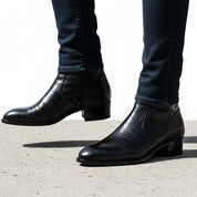 Men's Black Crocodile Zipper Leather Boots - model-walking-street