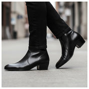 Men's Black Leather High Heel Dress Boots - model-walking-street