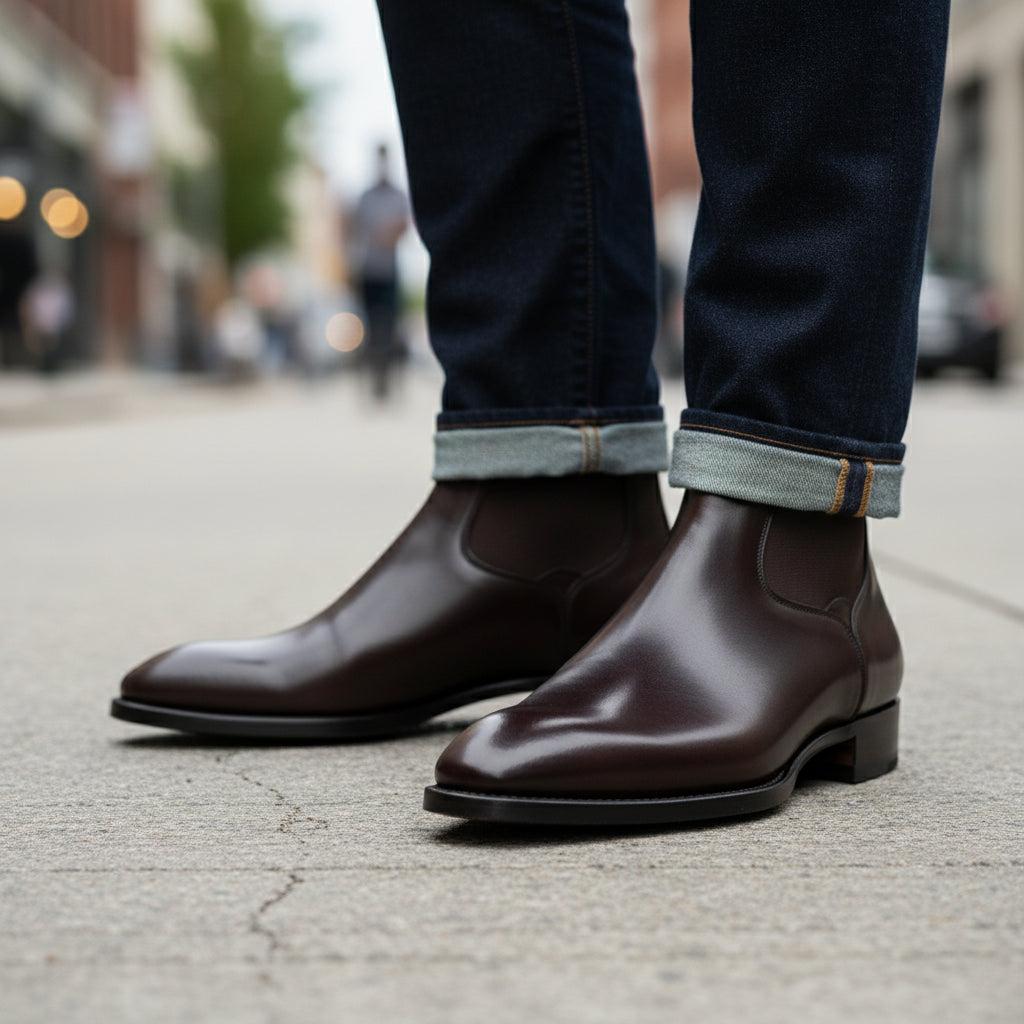 Men's Black Leather Chelsea Boots - model-walking-street