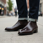 Men's Black Leather Chelsea Boots - model-walking-street