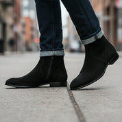 Handmade Mens Black Side Zipper Suede Leather Boots, Mens Ankle High Suede - model-walking-street