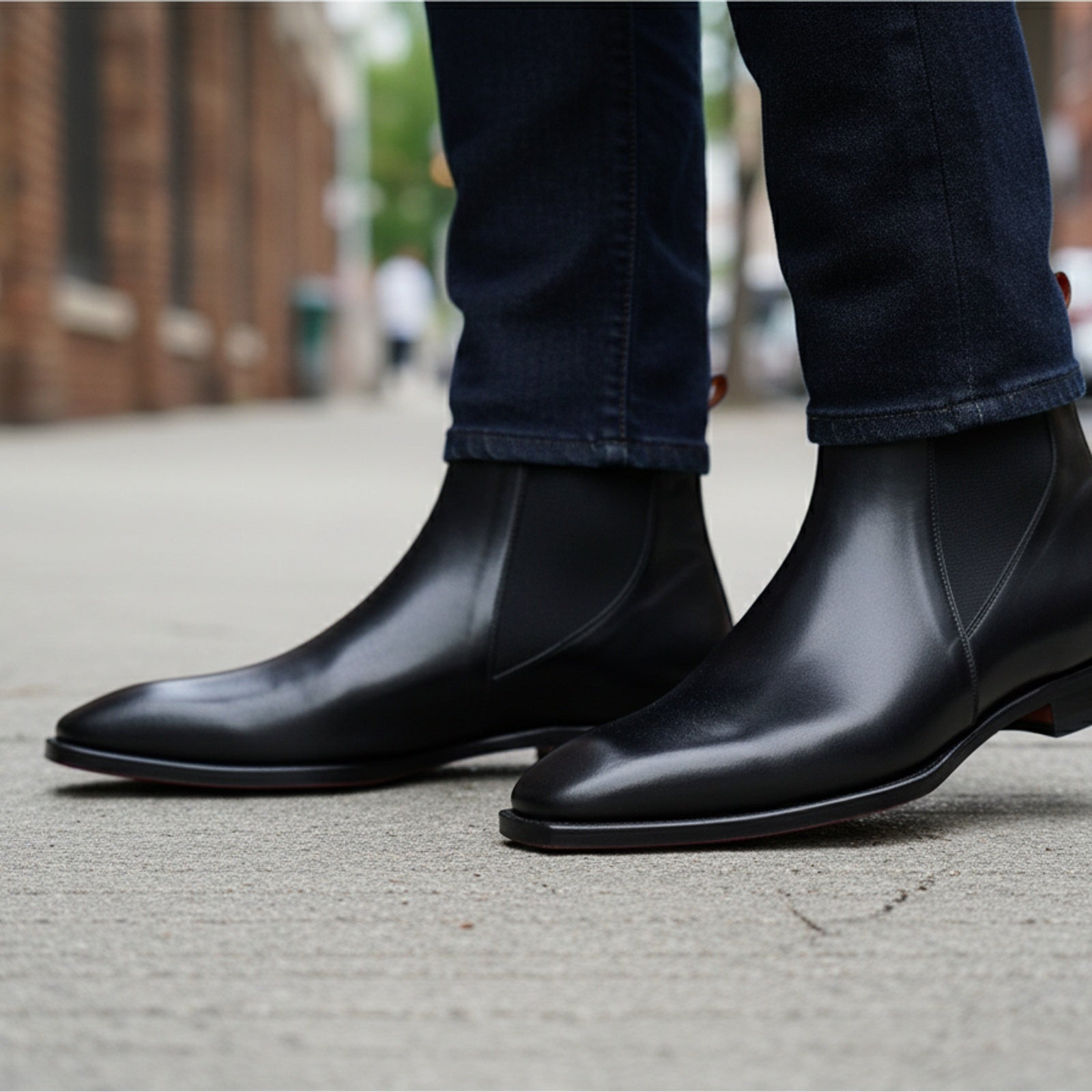 Men's Black Leather Square Toe Chelsea Boots - model-walking-street