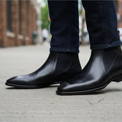 Men's Black Leather Square Toe Chelsea Boots - model-walking-street