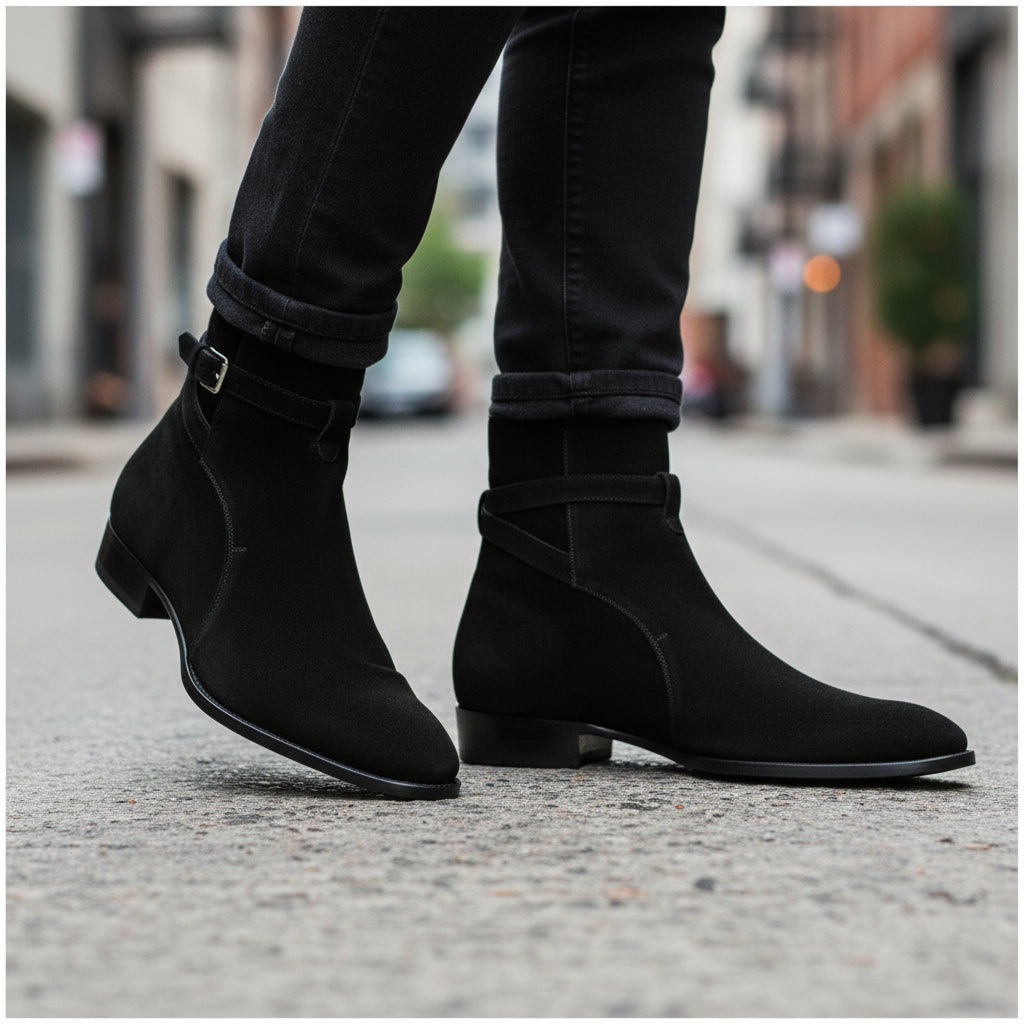 Handmade Mens Black Suede Leather Boots, Men Black Jodhpurs Leather Boot - model-walking-street