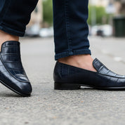 Handmade Mens Blue Alligators Shoes, Men Blue Crocodile Penny Loafer - model-walking-street