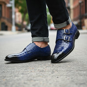 Handmade Mens Blue Crocodile Embossed Monk Shoes, Men Blue Dress Shoes - model-walking-street
