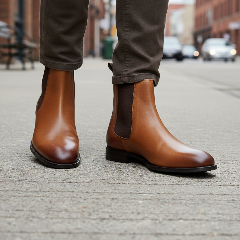 Handmade Mens Brown Chelsea Leather Boot, Mens Leather Boot, Men Ankle Boot - model-walking-street