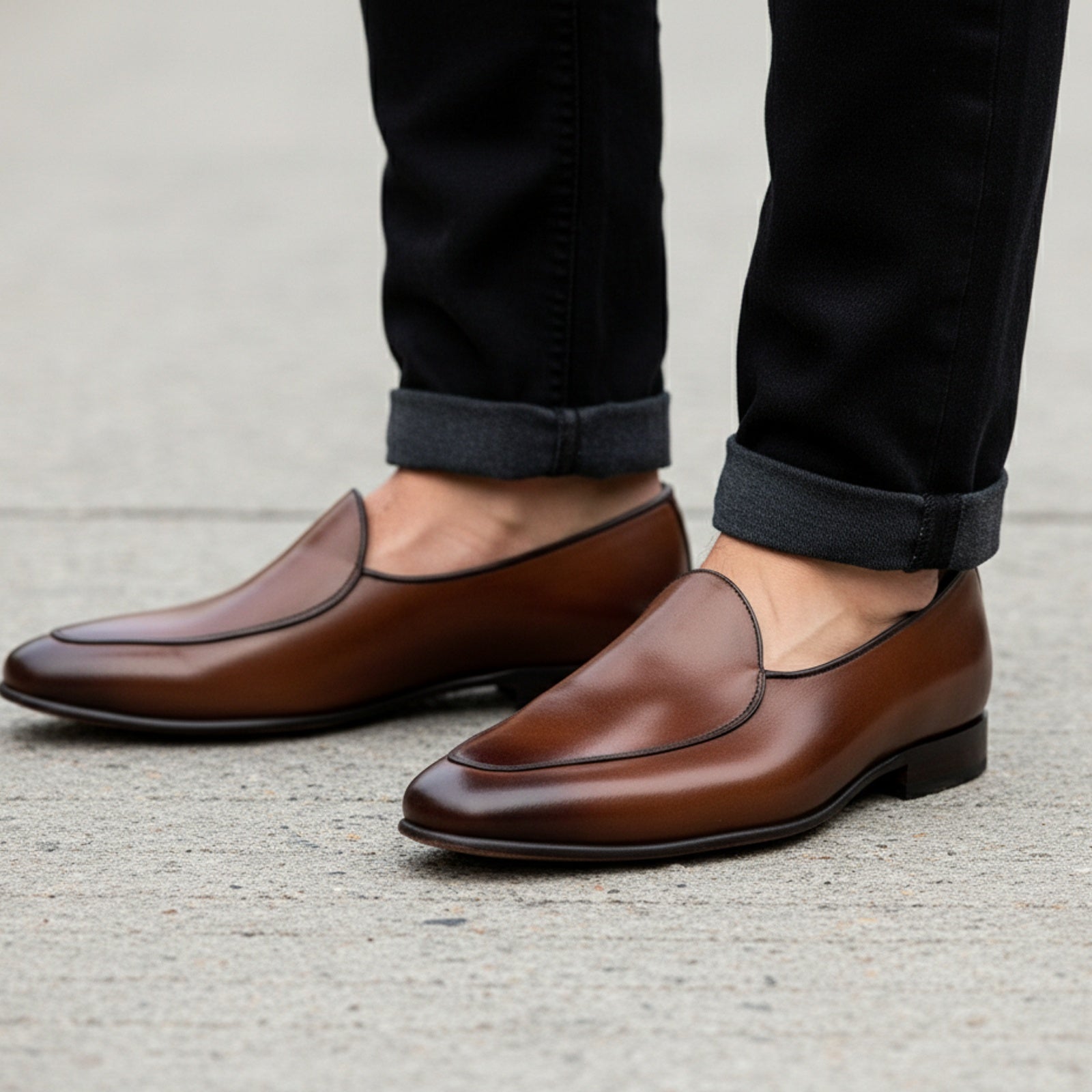 Men's Brown Leather Penny Loafers - model-walking-street