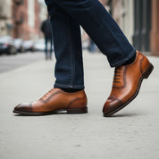 Men's Brown Leather Wingtip Brogue Dress Shoes - model-walking-street