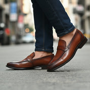 Men's Brown Leather Classic Loafer Shoes - model-walking-street