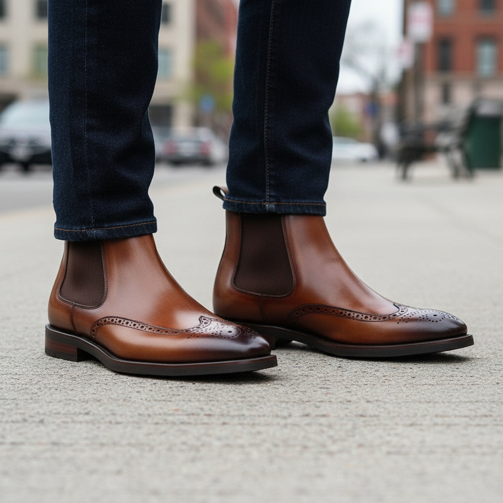 Men's Cow Leather Wingtip Dress Boots - model-walking-street