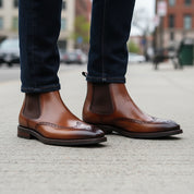 Men's Cow Leather Wingtip Dress Boots - model-walking-street