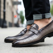 Men's Gray Crocodile Leather Moccasin Dress Shoes - model-walking-street