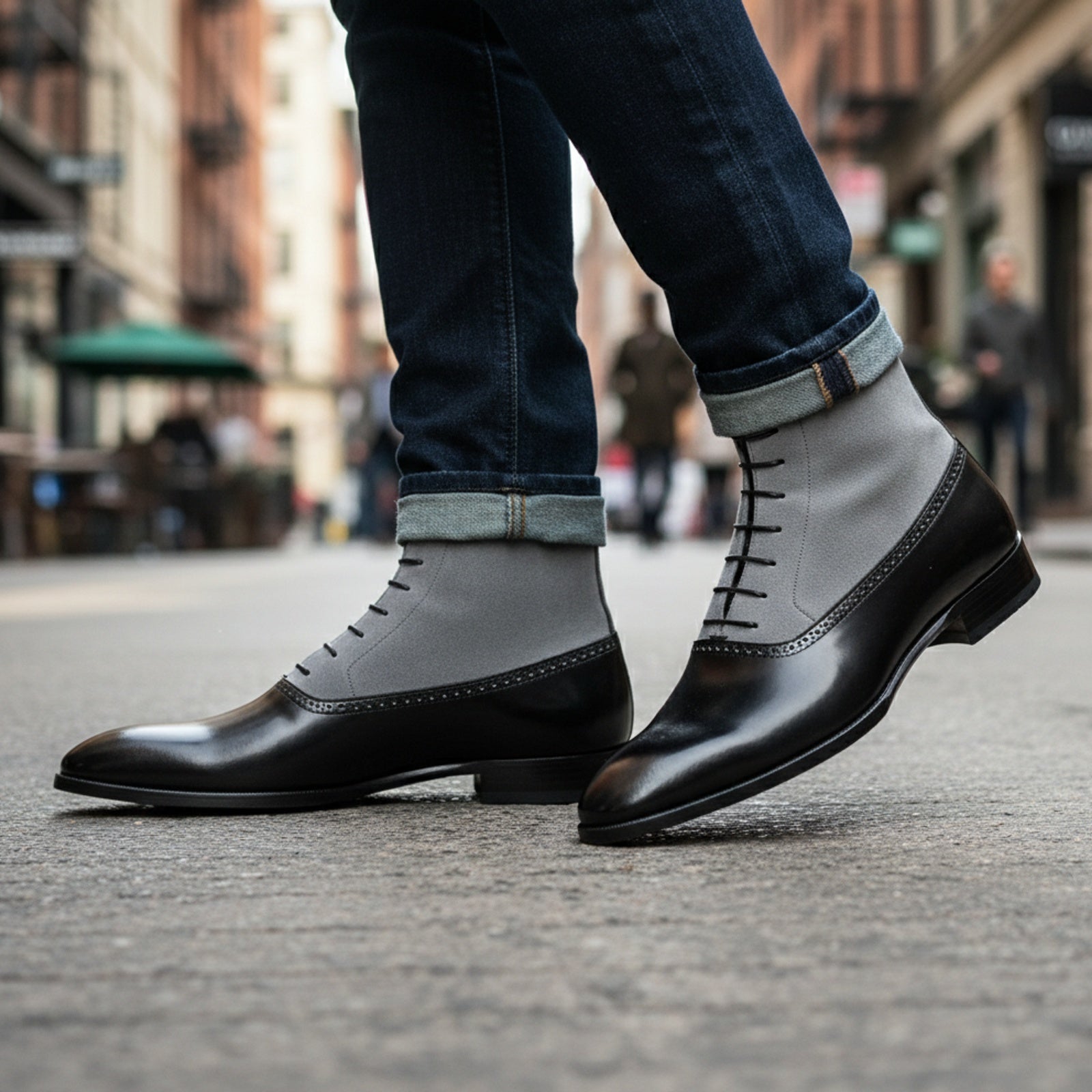Handmade Mens Fashion Gray and Black Akle Boots, Men Suede Leather Boots - model-walking-street