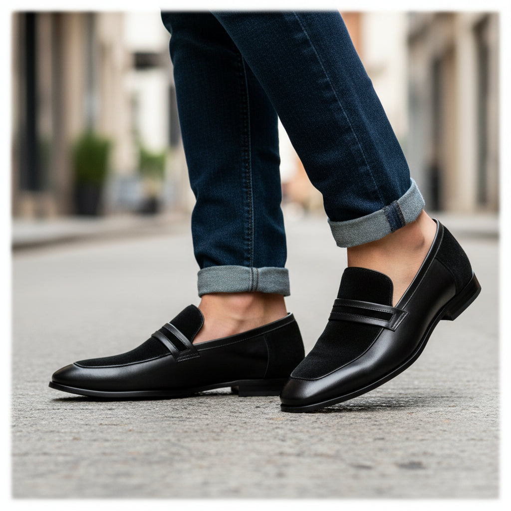 Handmade Mens Leather Shoes, Men Formal Slip on Leather Moccasin Dress Shoe - model-walking-street