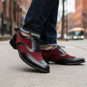 Handmade Mens Oxford Wing Tip Suede and Calf Leather Black and Red - model-walking-street