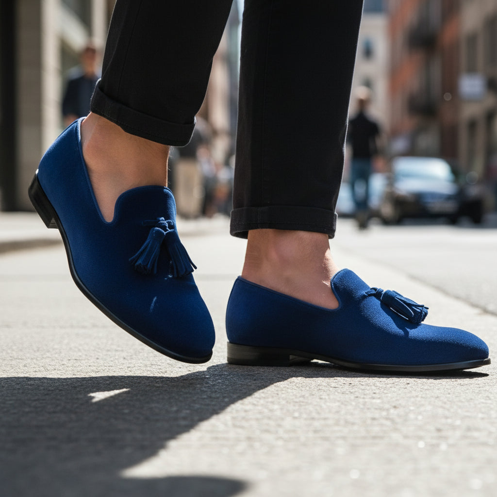 Handmade Mens Royal Blue Tassels Loafer Velvet Shoes, Men Blue Velvet Shoes - model-walking-street