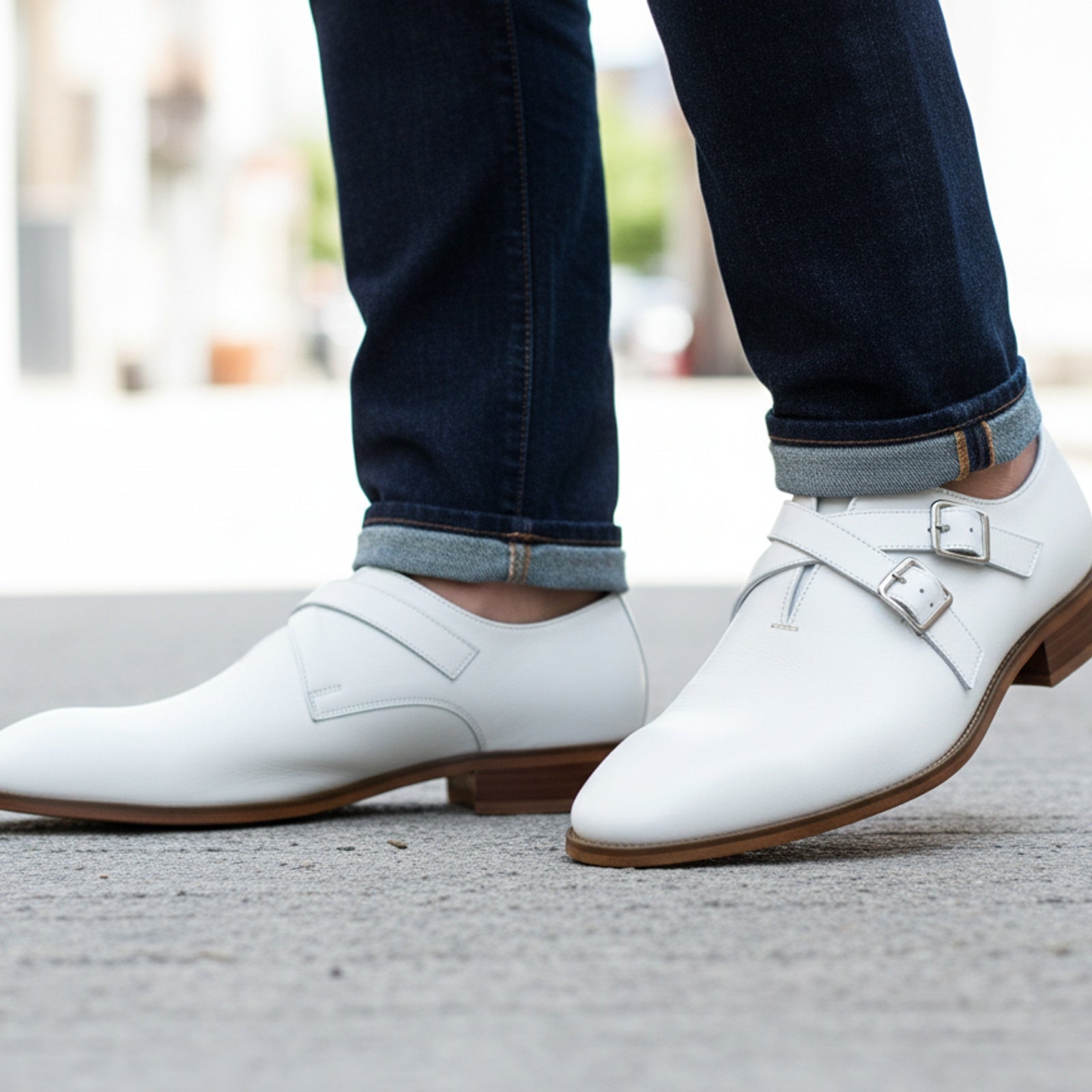 Men's White Leather Oxford Dress Shoes - model-walking-street