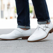 Men's White Leather Oxford Dress Shoes - model-walking-street