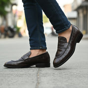 Men's Brown Moc-Toe Leather Loafers - model-walking-street