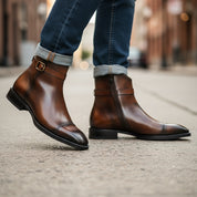 Men's Brown Leather Ankle Boots - model-walking-street