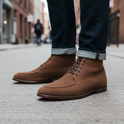 Men's Brown Suede Moc-Toe Lace-Up Boots - model-walking-street