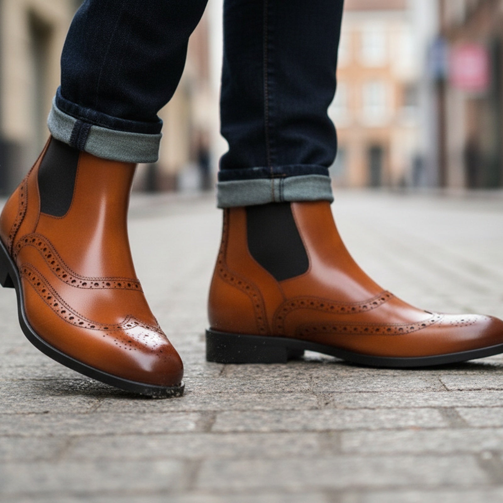 Men's Tan Leather Chelsea Boots - model-walking-street