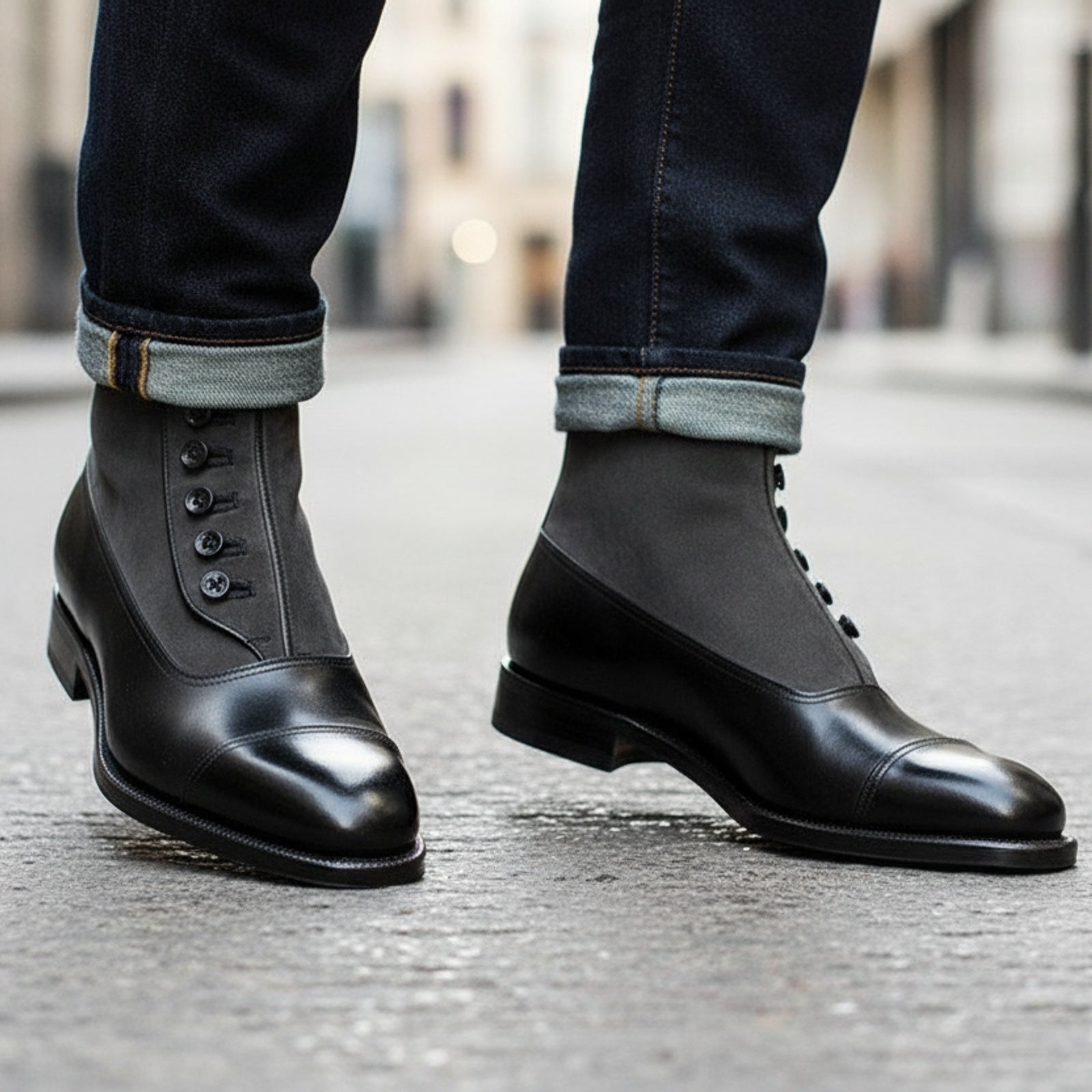 Men's Black & Gray Leather Ankle Boots - model-walking-street