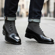 Men's Black & Gray Leather Ankle Boots - model-walking-street