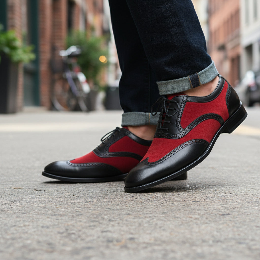 Handmade Two Tone Wingtip Brogue Party Shoes, Men Oxford Leather Dress Shoe - model-walking-street