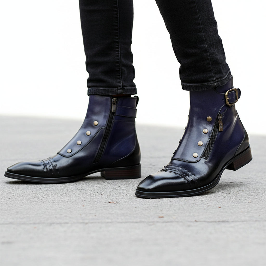 High Ankle Leather Boots with Blue Side Zipper - model-walking-street