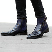 High Ankle Leather Boots with Blue Side Zipper - model-walking-street