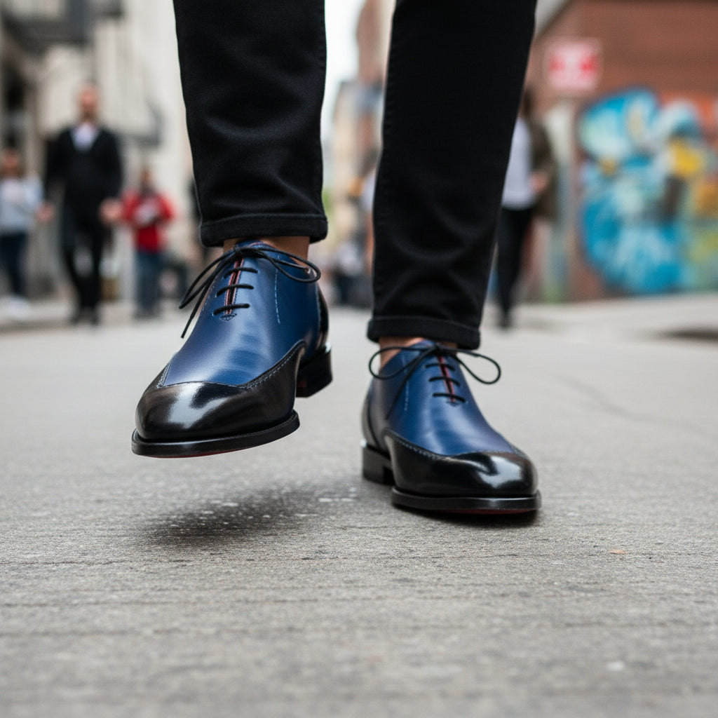 Leather Formal Dress Shoes in Black and Blue - model-walking-street