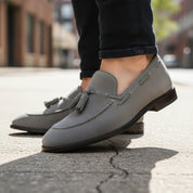 Light Gray Suede Tassel Moccasins - model-walking-street