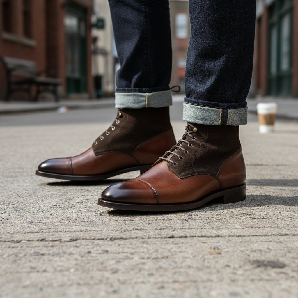 Men Brown Suede and Leather Lace Up Boots, Mens Fashion Leather Boots - model-walking-street