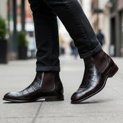 Men Crocodile Boots, Dark Brown Crocodile Texture Boots, Mens Boot - model-walking-street