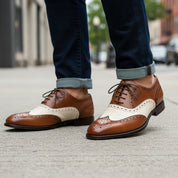 Men Spectator Shoes, Two Tone Shoes, Brown and White Formal Shoes, - model-walking-street