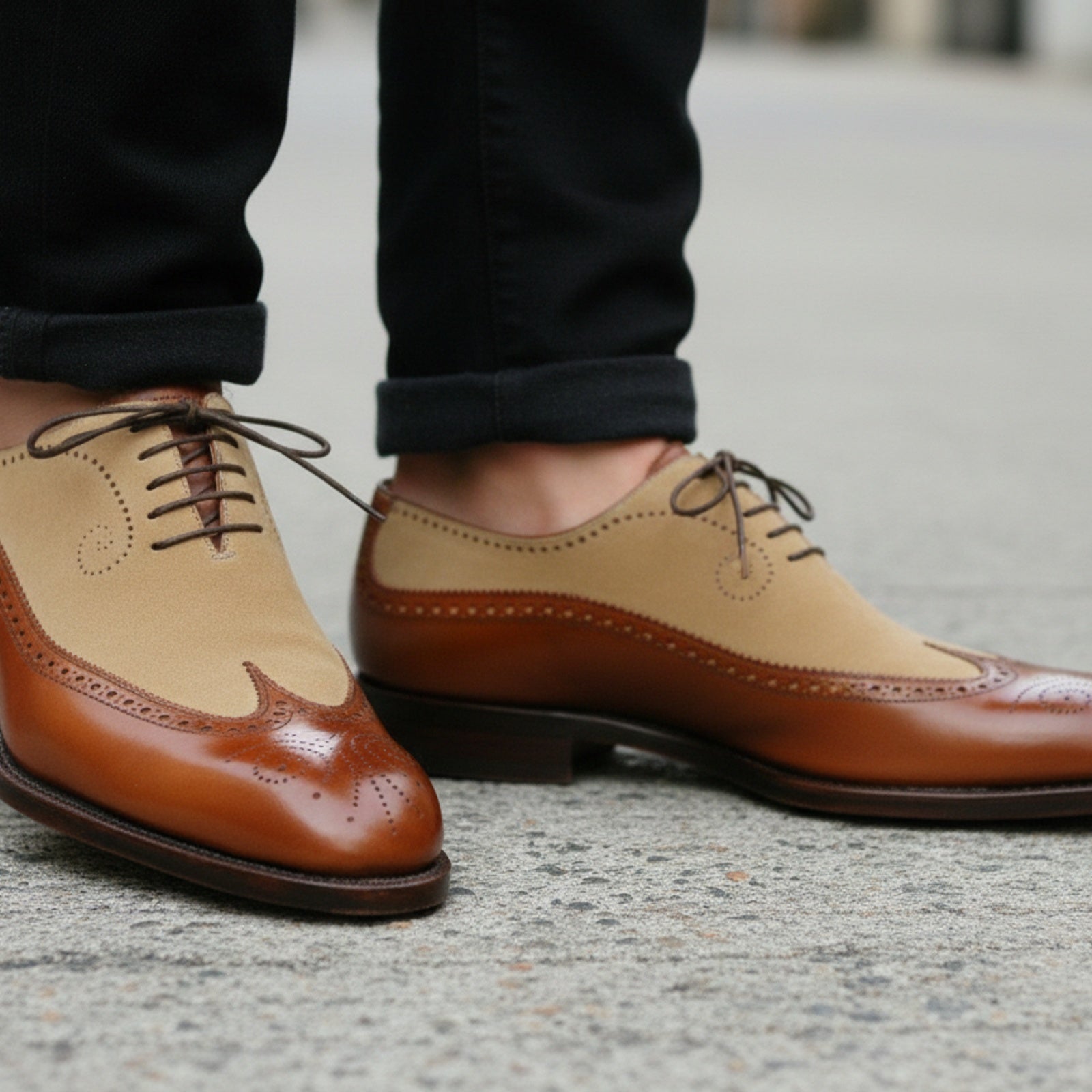 Men Spectator Shoes, Wingtip Brogue Two Tone Shoes, Formal Dress Shoes - model-walking-street