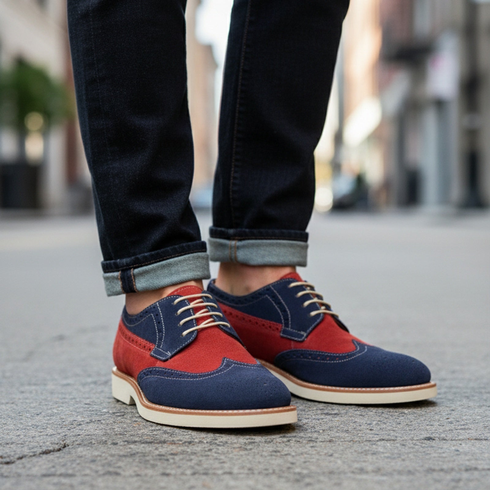 Men Two Tone Suede Leather Shoes, Derby Red and Navy Crepe Sole Shoes - model-walking-street