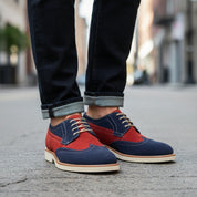 Men Two Tone Suede Leather Shoes, Derby Red and Navy Crepe Sole Shoes - model-walking-street