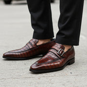 Men's Alligator Embossed Leather Moccasins - model-walking-street