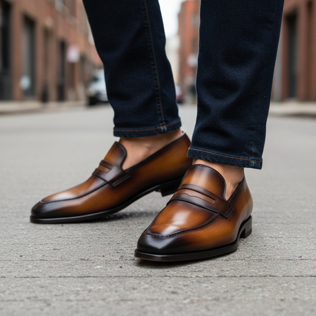 Men's Almond Toe Moccasin Dress Shoes in Tan and Black Leather - model-walking-street