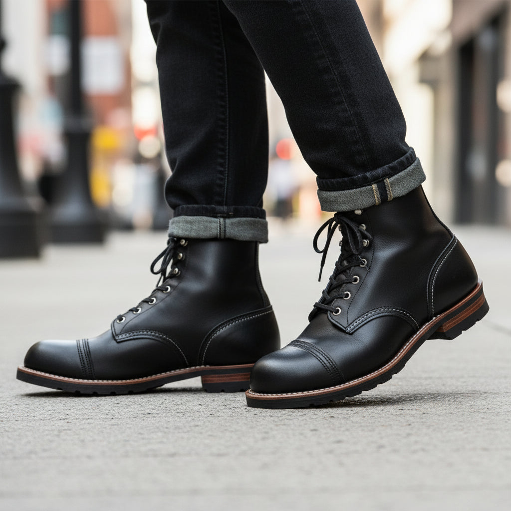 Men's Ankle High Black Leather Casual Boots - model-walking-street